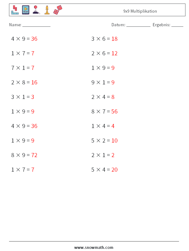 (20) 9x9 Multiplikation Mathe-Arbeitsblätter 7 Frage, Antwort
