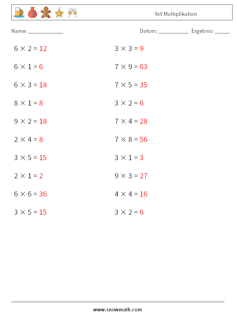 (20) 9x9 Multiplikation Mathe-Arbeitsblätter 8 Frage, Antwort