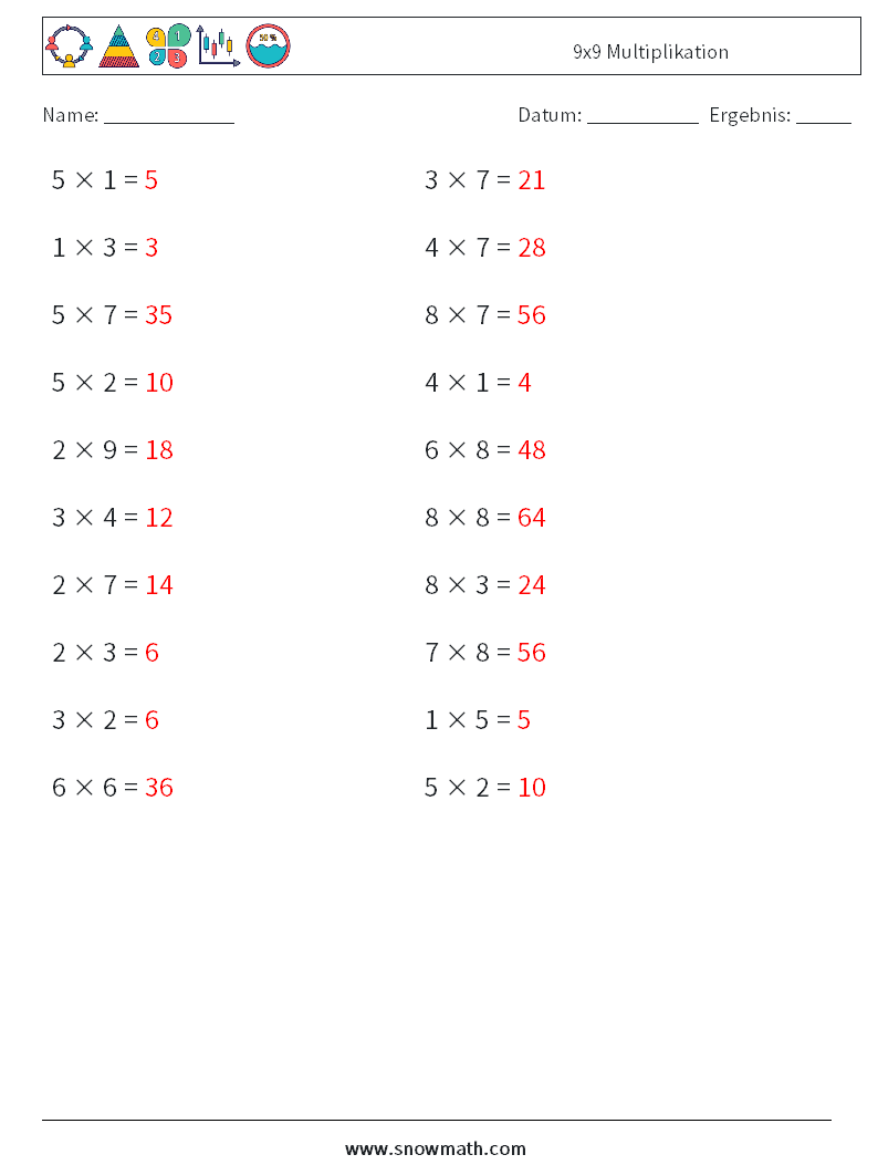 (20) 9x9 Multiplikation Mathe-Arbeitsblätter 9 Frage, Antwort