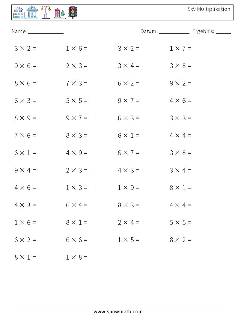 (50) 9x9 Multiplikation Mathe-Arbeitsblätter 1