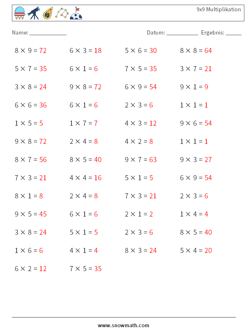 (50) 9x9 Multiplikation Mathe-Arbeitsblätter 2 Frage, Antwort