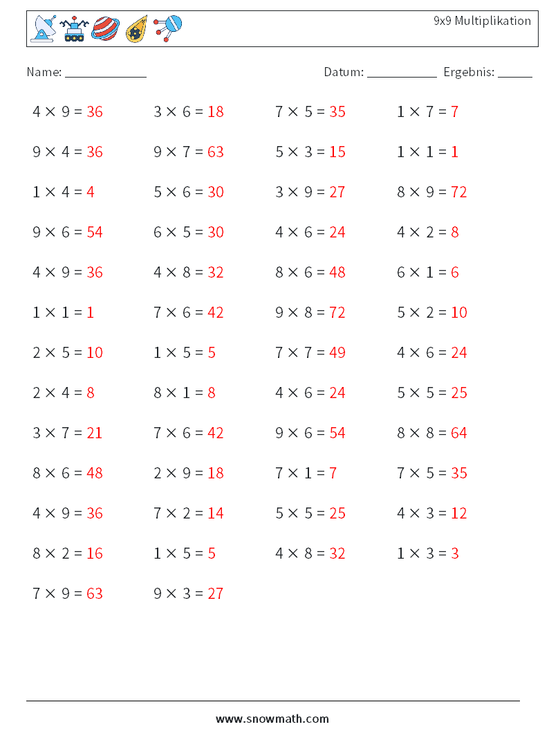 (50) 9x9 Multiplikation Mathe-Arbeitsblätter 6 Frage, Antwort