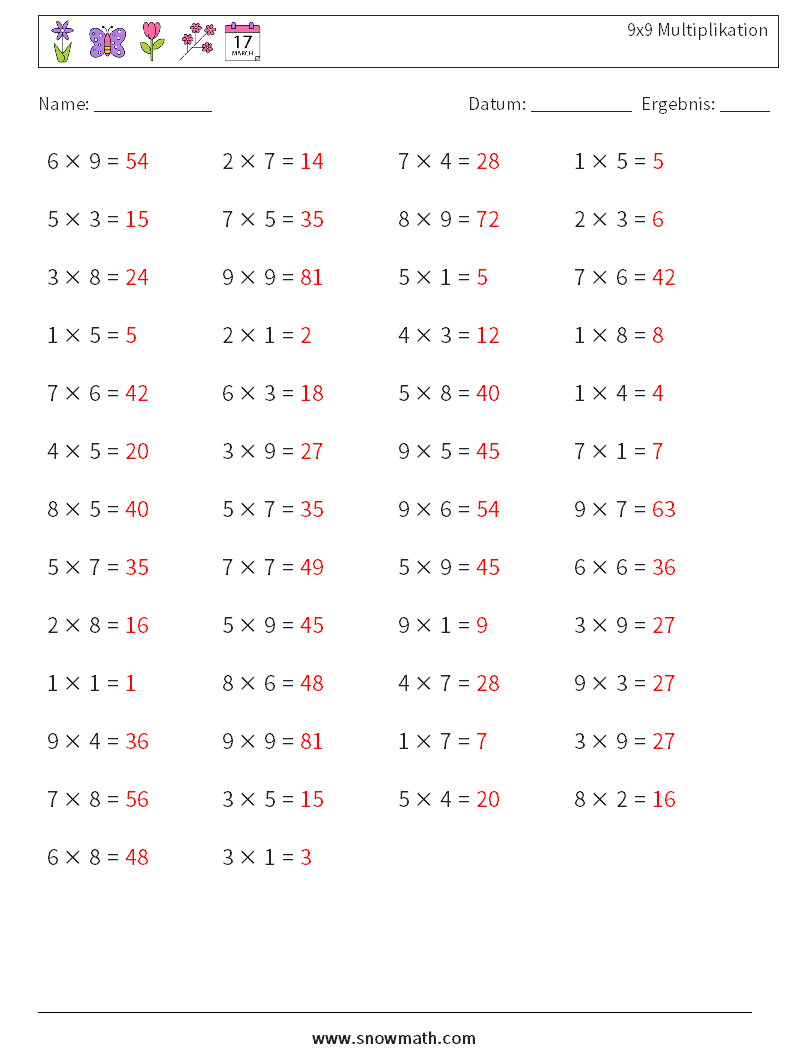 (50) 9x9 Multiplikation Mathe-Arbeitsblätter 8 Frage, Antwort