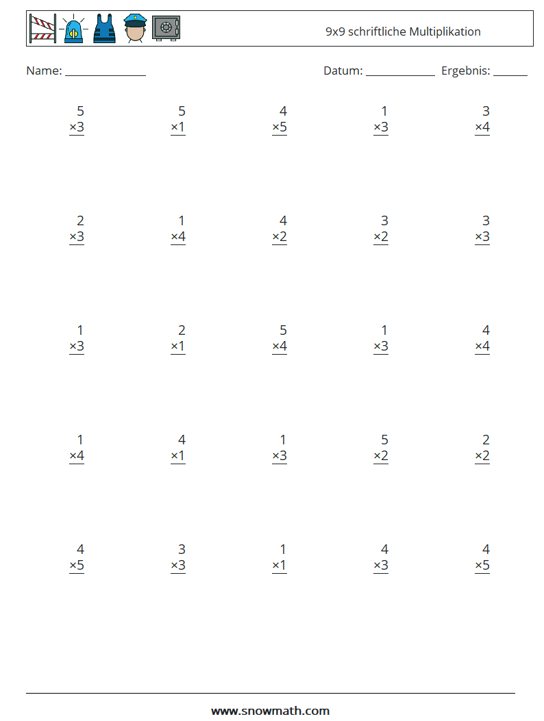 (25) 9x9 schriftliche Multiplikation Mathe-Arbeitsblätter 1