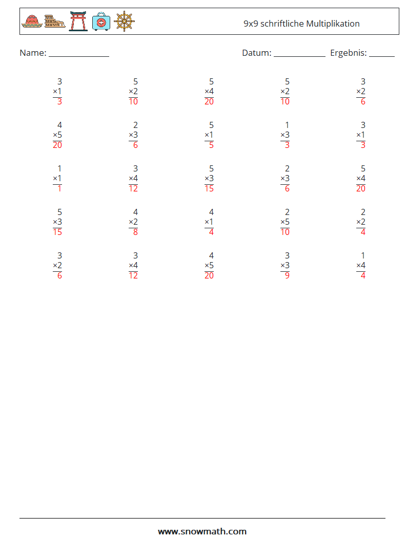 (25) 9x9 schriftliche Multiplikation Mathe-Arbeitsblätter 2 Frage, Antwort