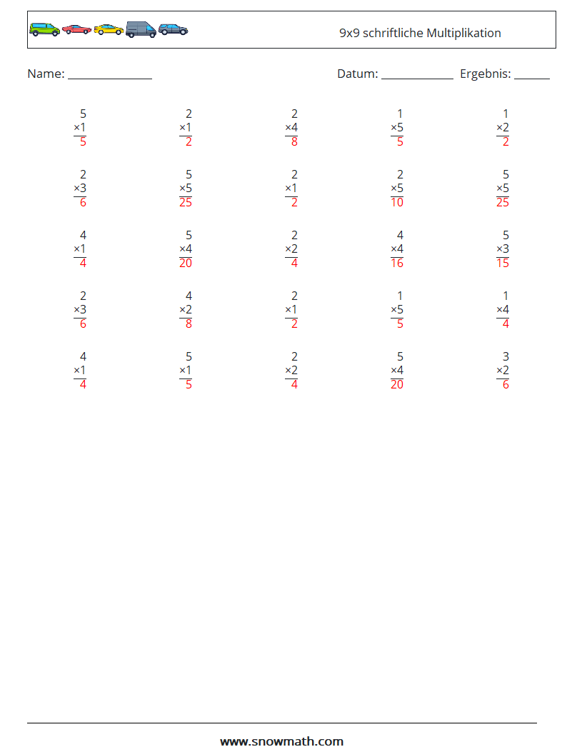 (25) 9x9 schriftliche Multiplikation Mathe-Arbeitsblätter 3 Frage, Antwort