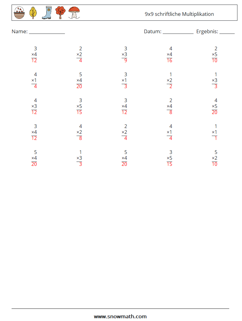 (25) 9x9 schriftliche Multiplikation Mathe-Arbeitsblätter 4 Frage, Antwort