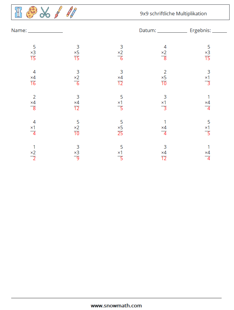 (25) 9x9 schriftliche Multiplikation Mathe-Arbeitsblätter 5 Frage, Antwort