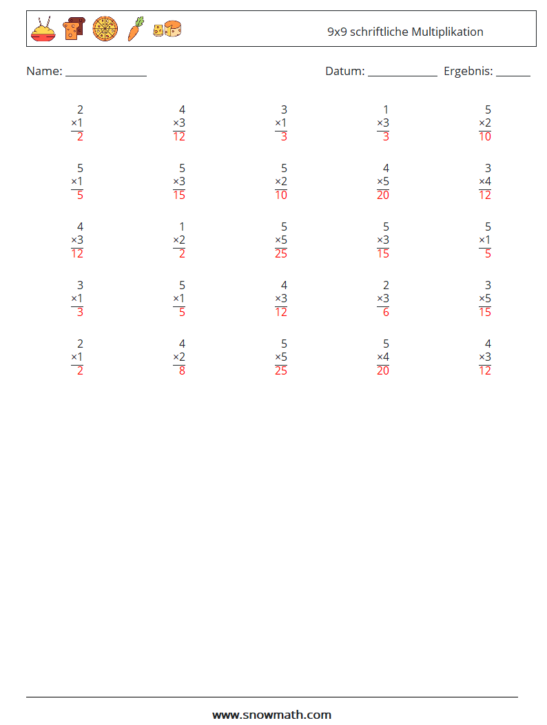 (25) 9x9 schriftliche Multiplikation Mathe-Arbeitsblätter 6 Frage, Antwort