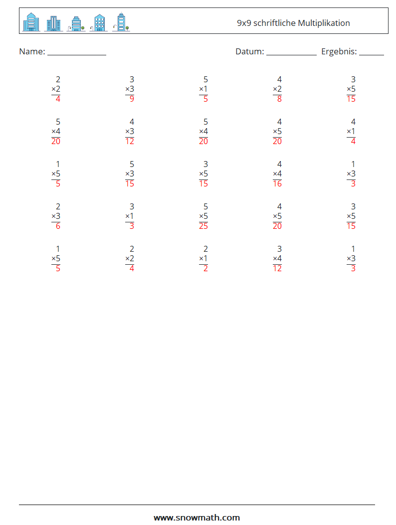 (25) 9x9 schriftliche Multiplikation Mathe-Arbeitsblätter 8 Frage, Antwort