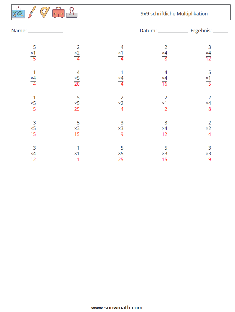 (25) 9x9 schriftliche Multiplikation Mathe-Arbeitsblätter 9 Frage, Antwort