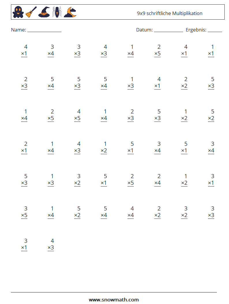 (50) 9x9 schriftliche Multiplikation Mathe-Arbeitsblätter 1