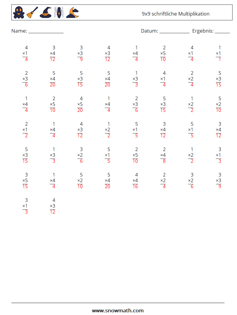 (50) 9x9 schriftliche Multiplikation Mathe-Arbeitsblätter 1 Frage, Antwort