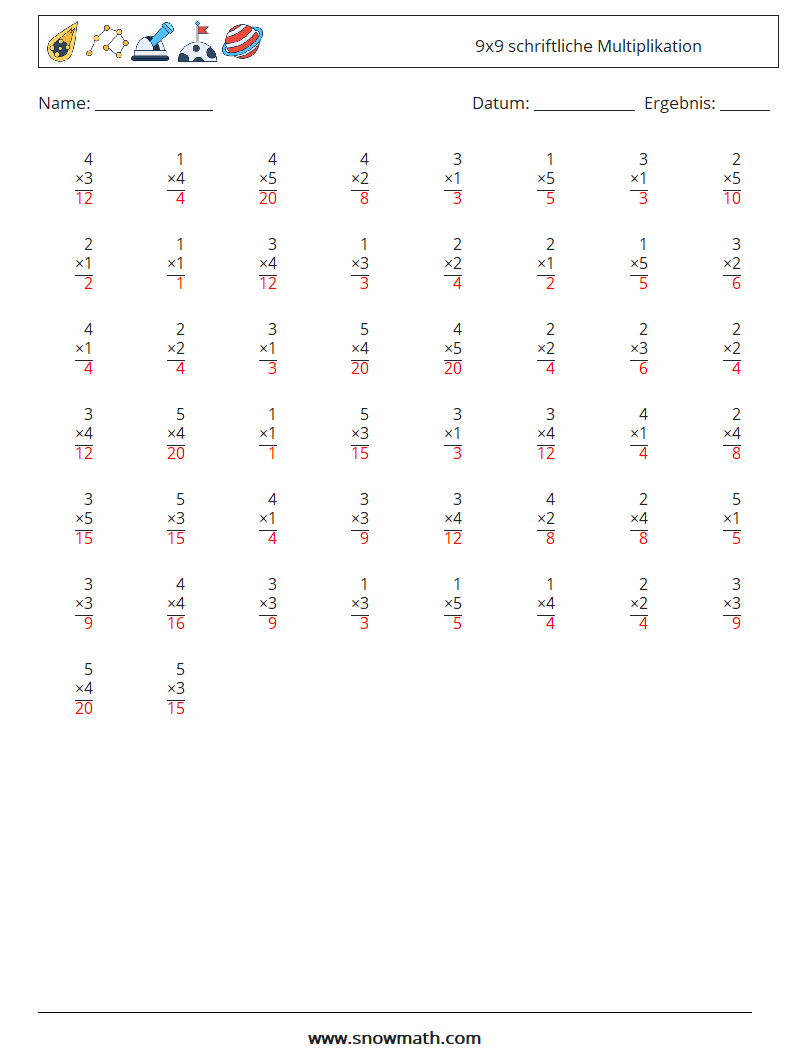 (50) 9x9 schriftliche Multiplikation Mathe-Arbeitsblätter 3 Frage, Antwort