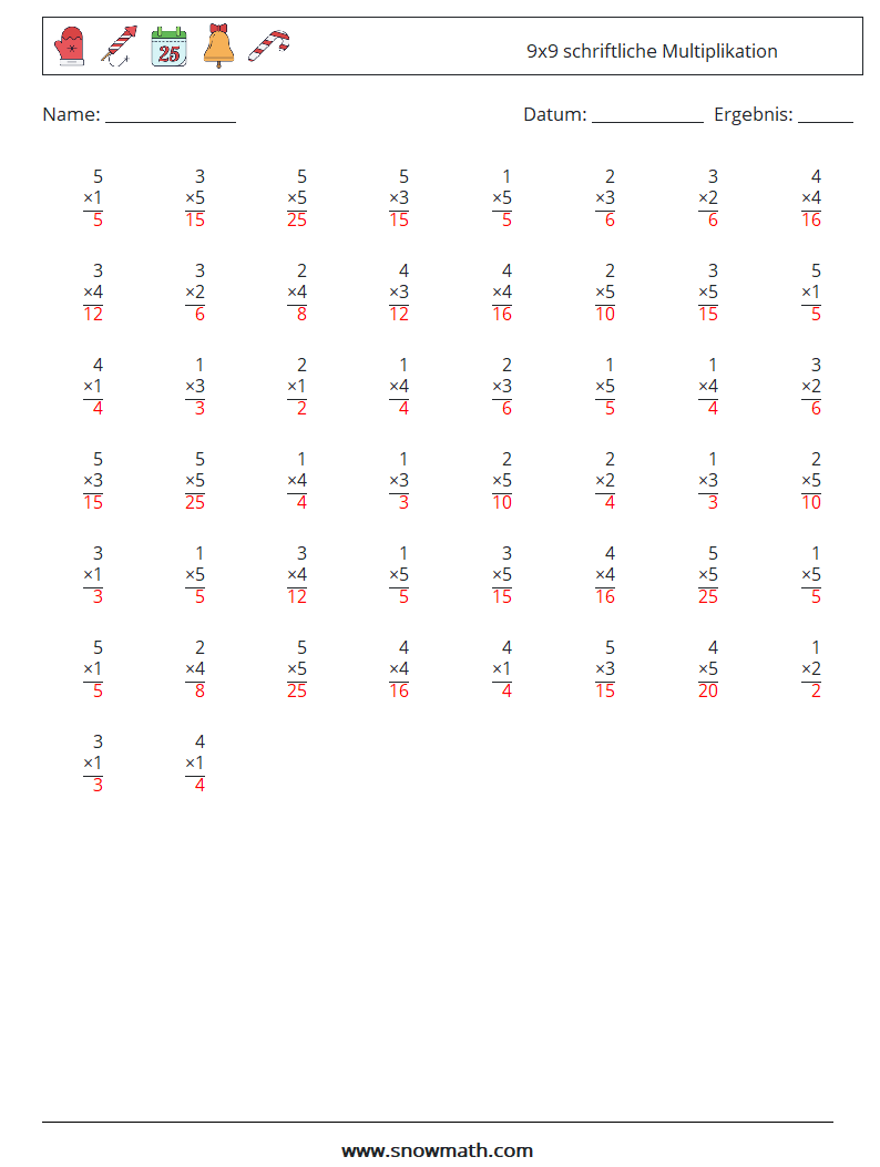 (50) 9x9 schriftliche Multiplikation Mathe-Arbeitsblätter 5 Frage, Antwort