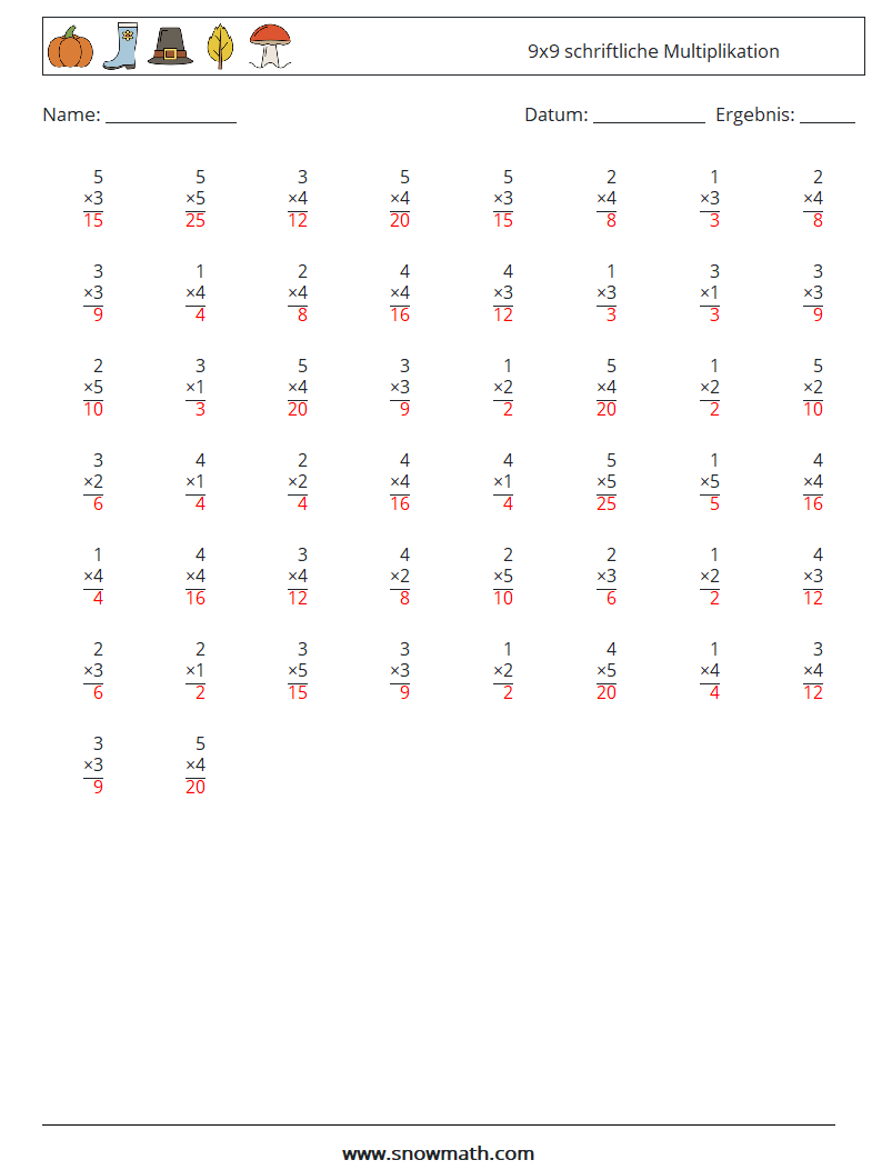 (50) 9x9 schriftliche Multiplikation Mathe-Arbeitsblätter 7 Frage, Antwort