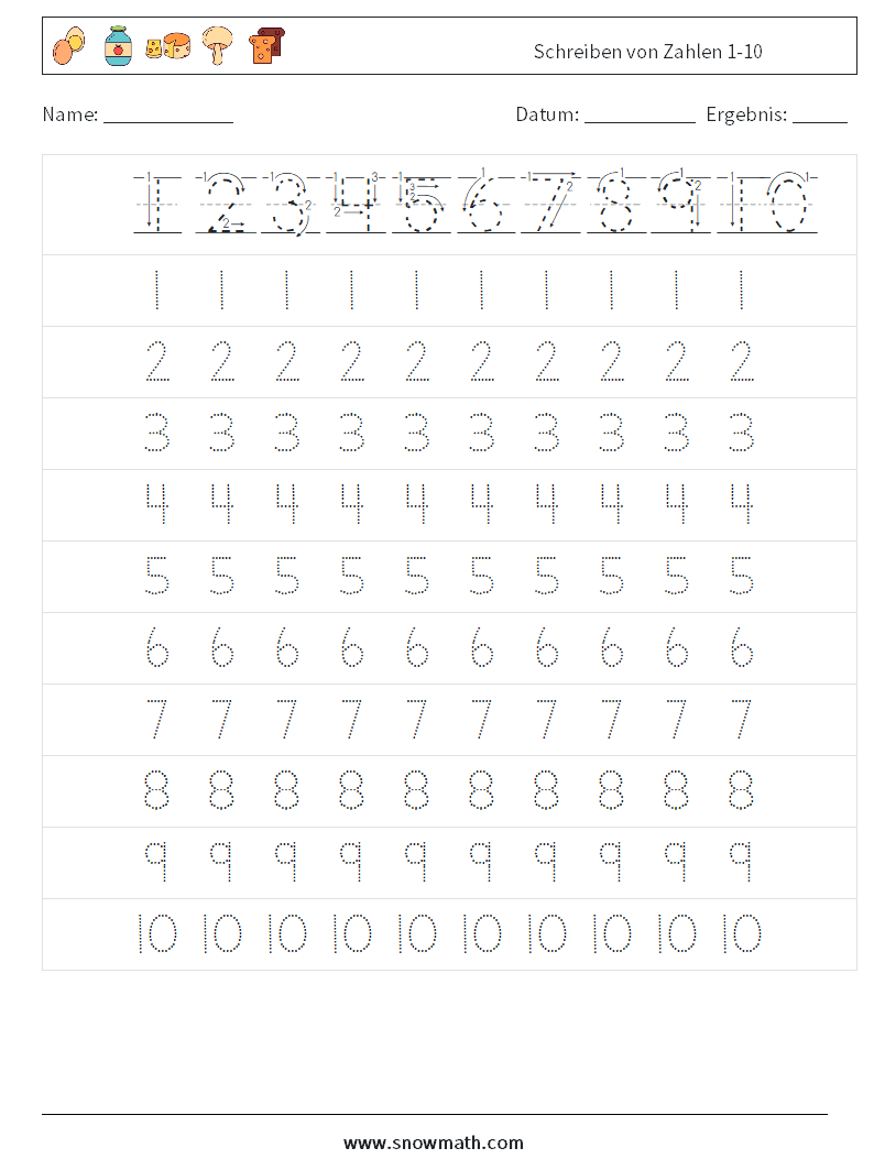 Schreiben von Zahlen 1-10 Mathe-Arbeitsblätter 1