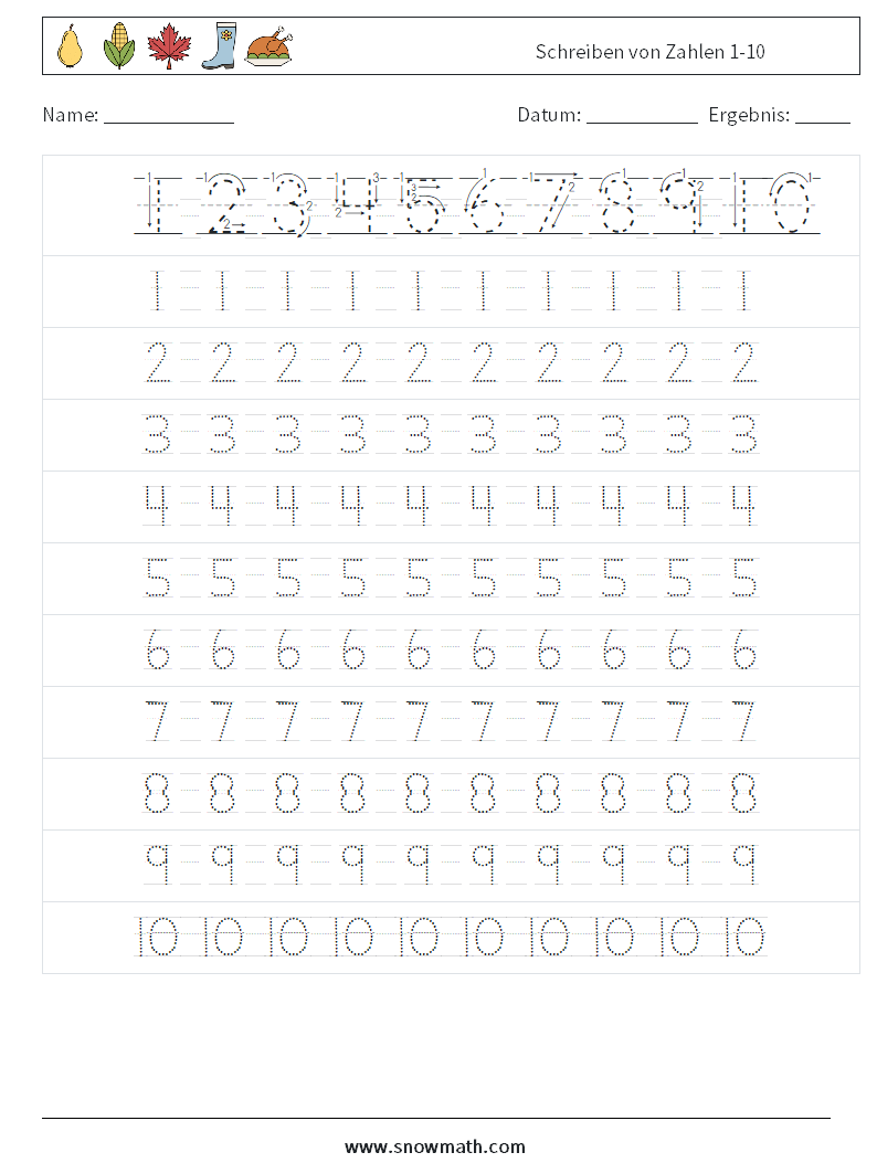 Schreiben von Zahlen 1-10 Mathe-Arbeitsblätter 2