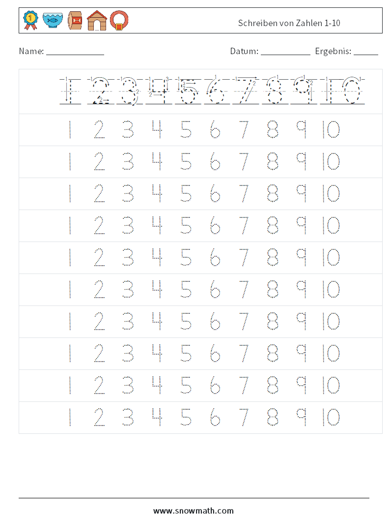 Schreiben von Zahlen 1-10 Mathe-Arbeitsblätter 3