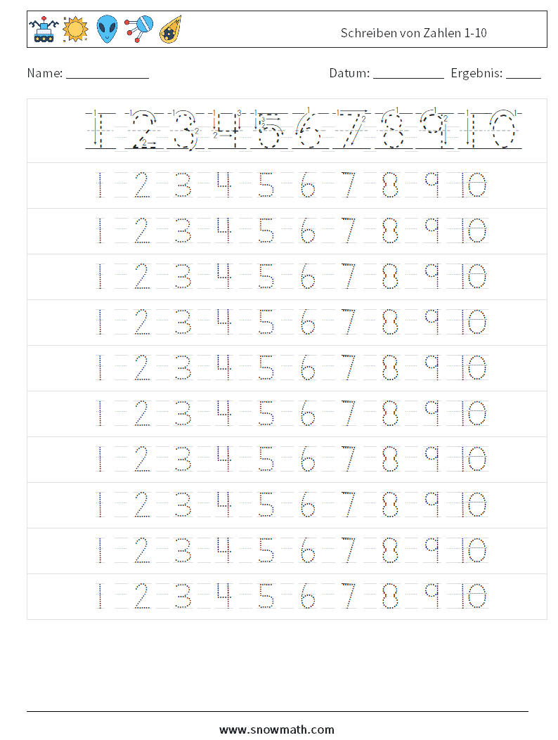 Schreiben von Zahlen 1-10 Mathe-Arbeitsblätter 4