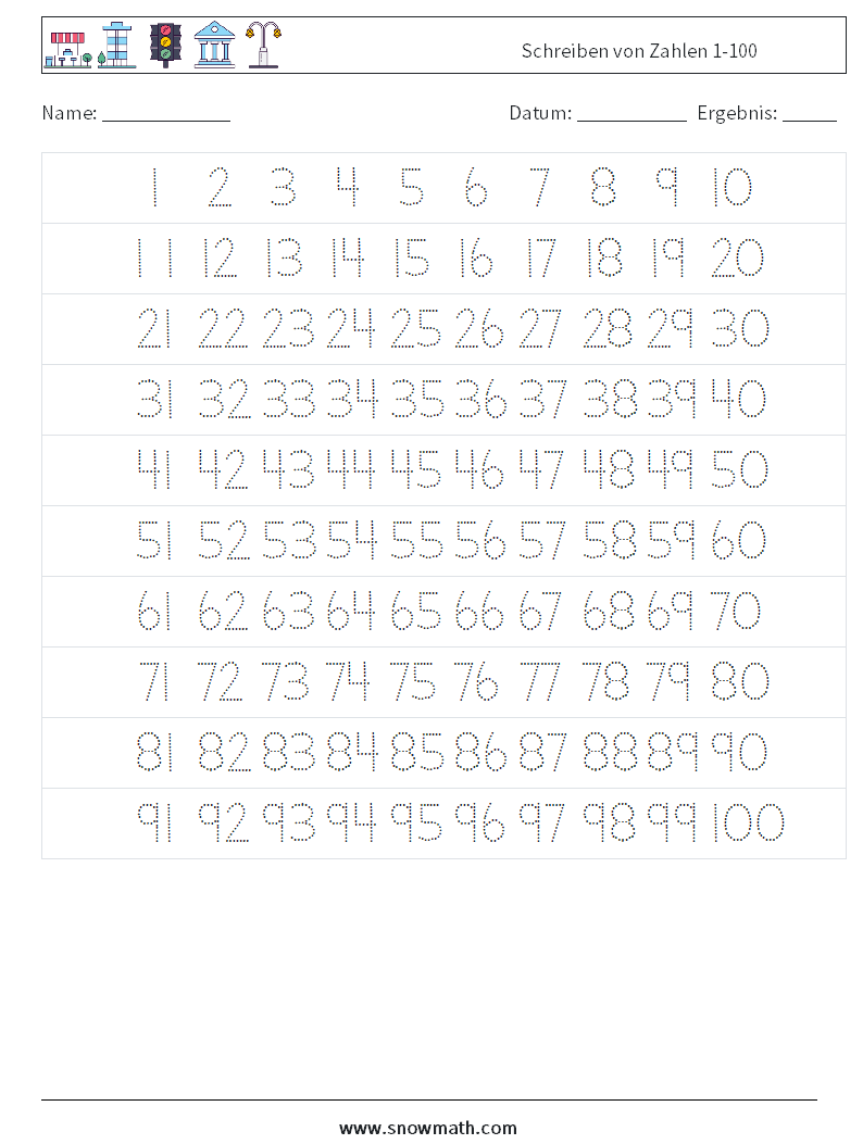 Schreiben von Zahlen 1-100 Mathe-Arbeitsblätter 1