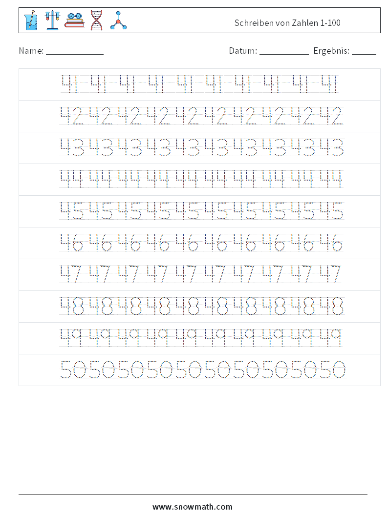 Schreiben von Zahlen 1-100 Mathe-Arbeitsblätter 10