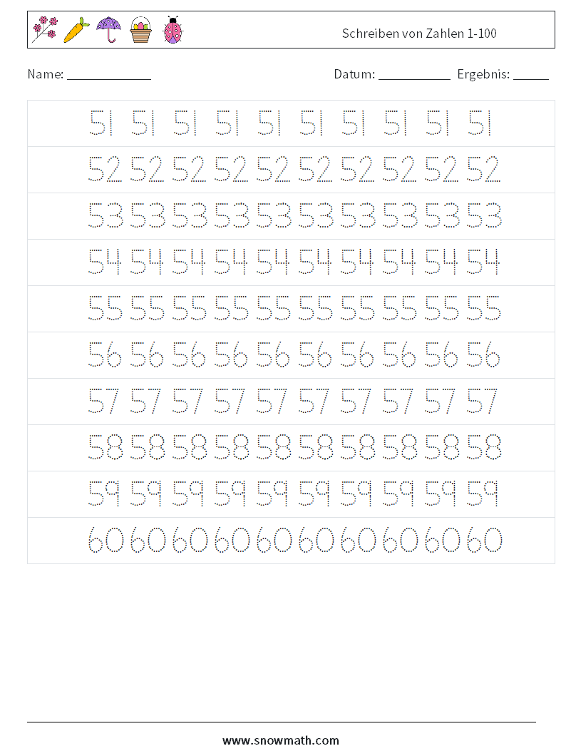 Schreiben von Zahlen 1-100 Mathe-Arbeitsblätter 11