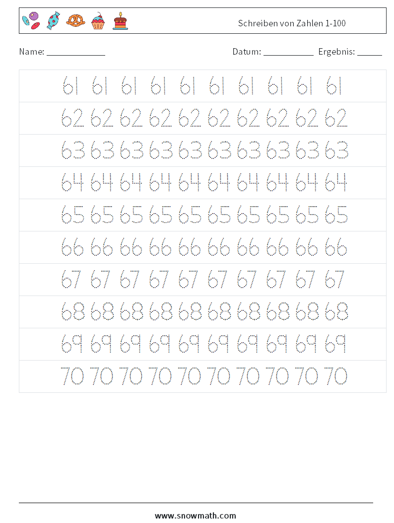 Schreiben von Zahlen 1-100 Mathe-Arbeitsblätter 13