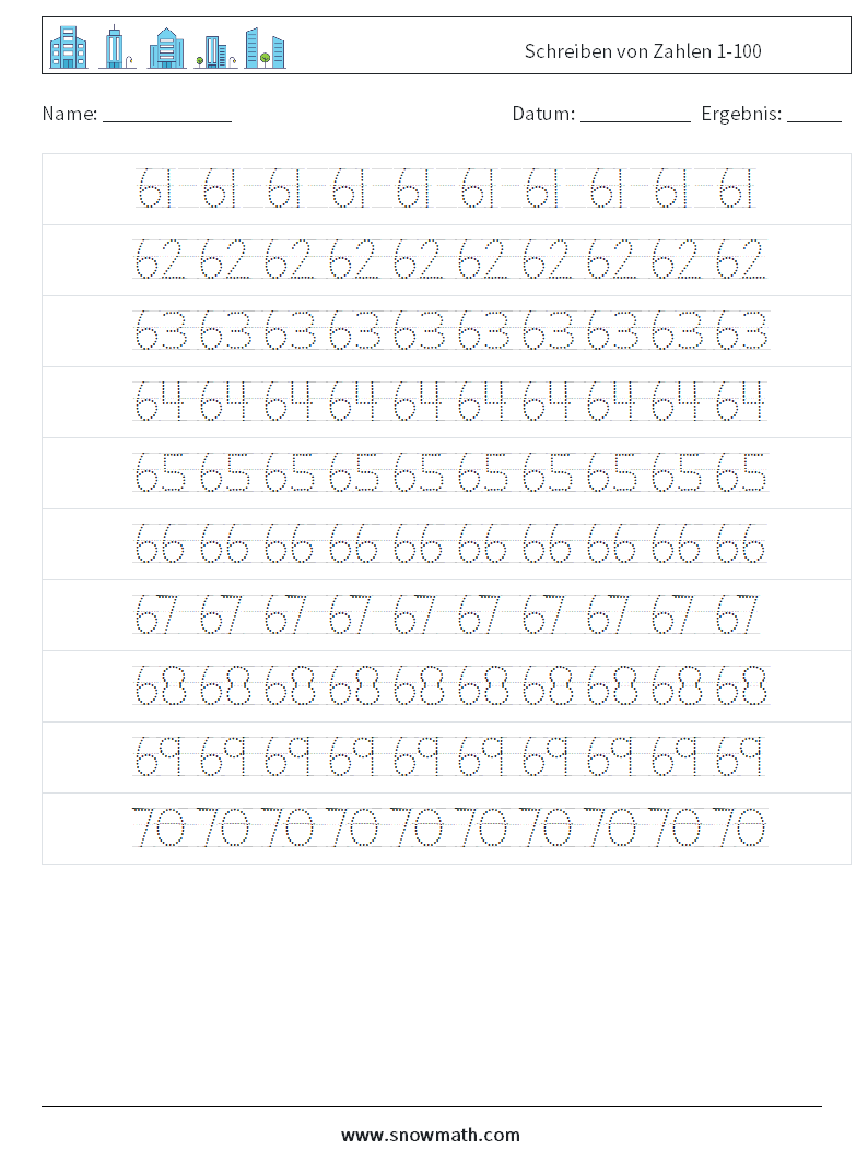 Schreiben von Zahlen 1-100 Mathe-Arbeitsblätter 14