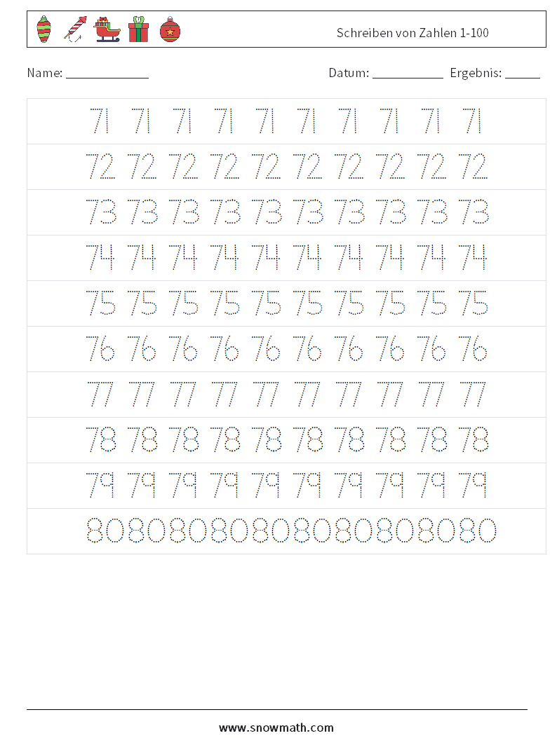 Schreiben von Zahlen 1-100 Mathe-Arbeitsblätter 15