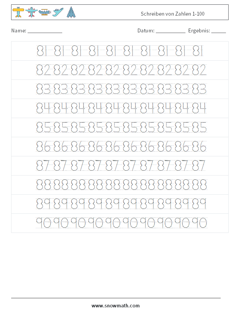 Schreiben von Zahlen 1-100 Mathe-Arbeitsblätter 18