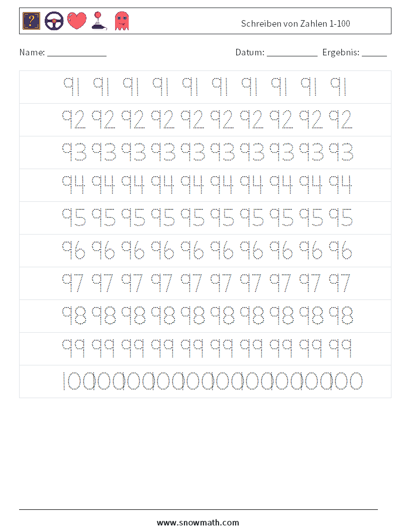 Schreiben von Zahlen 1-100 Mathe-Arbeitsblätter 19