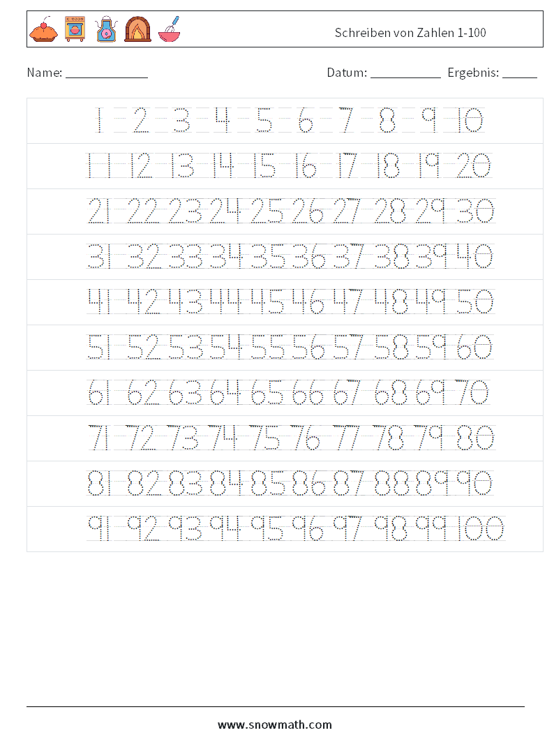 Schreiben von Zahlen 1-100 Mathe-Arbeitsblätter 2