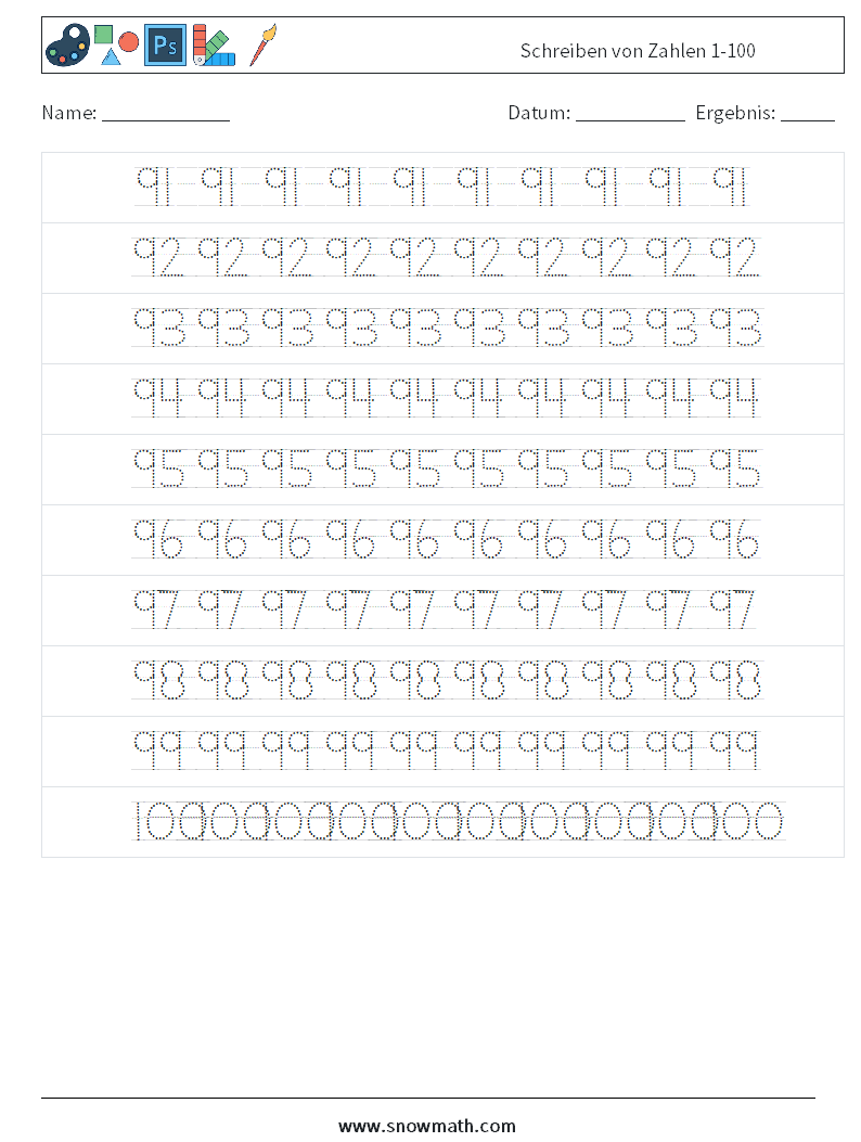 Schreiben von Zahlen 1-100 Mathe-Arbeitsblätter 20