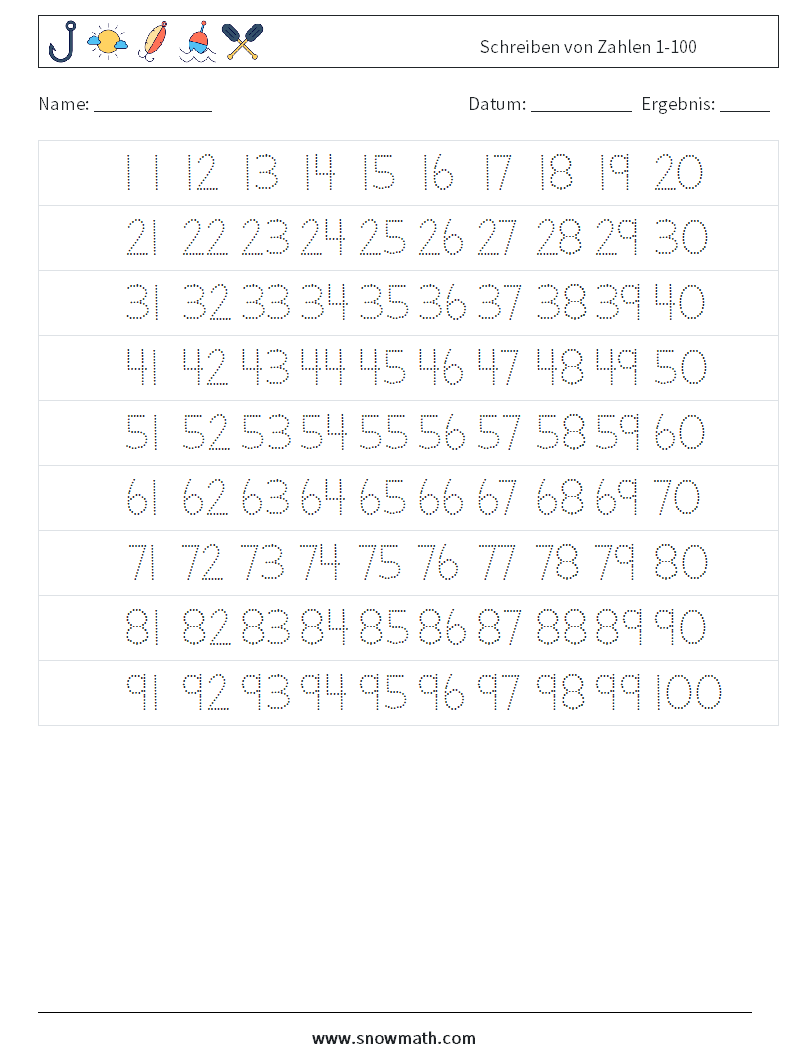 Schreiben von Zahlen 1-100 Mathe-Arbeitsblätter 21