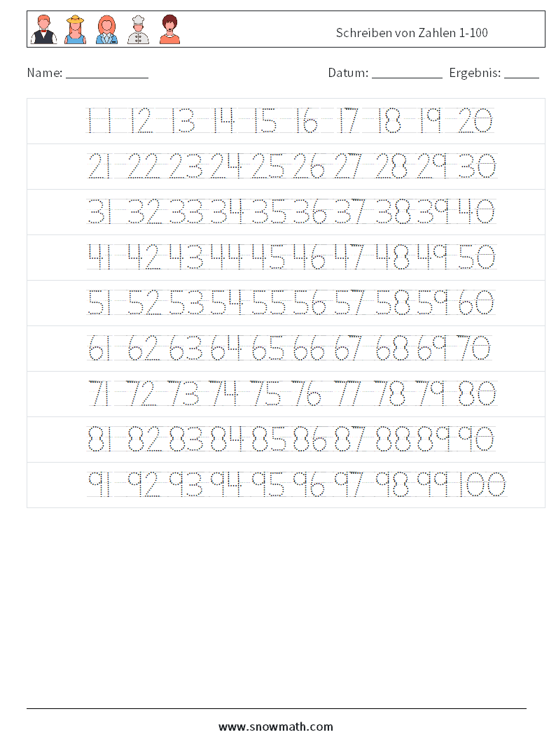 Schreiben von Zahlen 1-100 Mathe-Arbeitsblätter 22