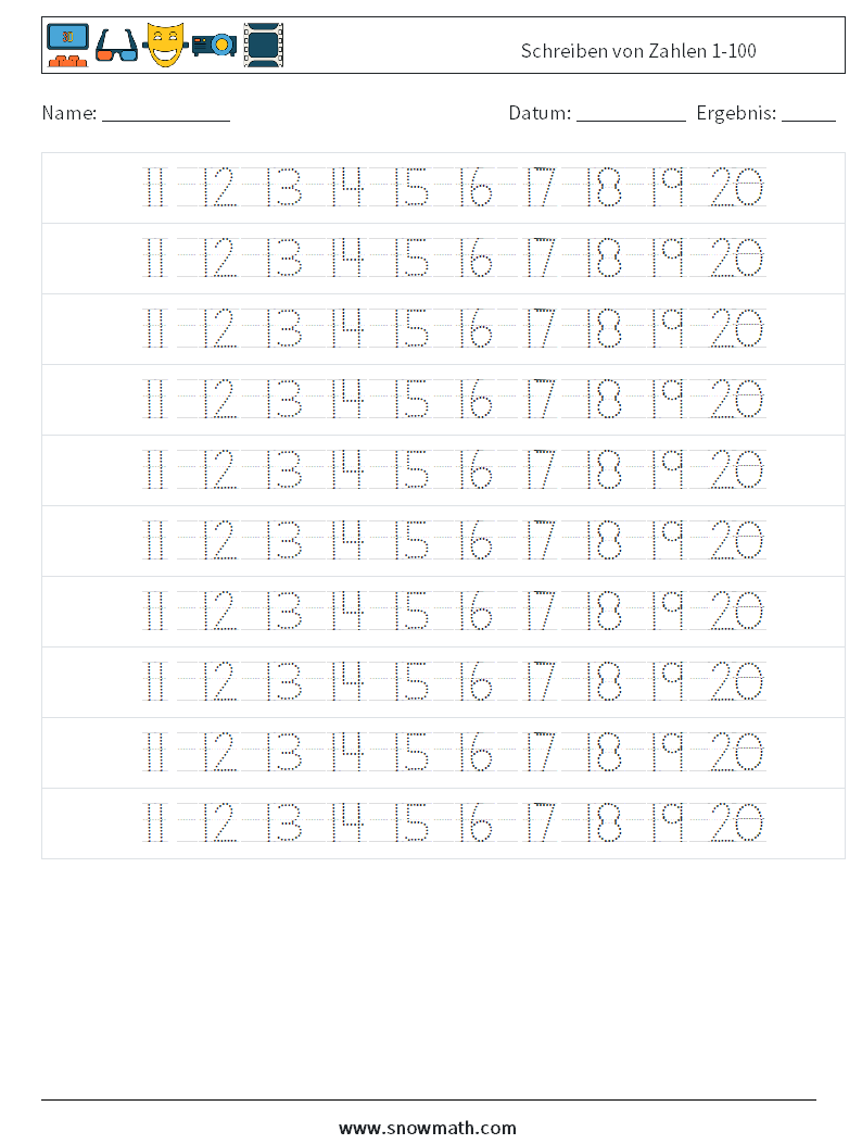 Schreiben von Zahlen 1-100 Mathe-Arbeitsblätter 24