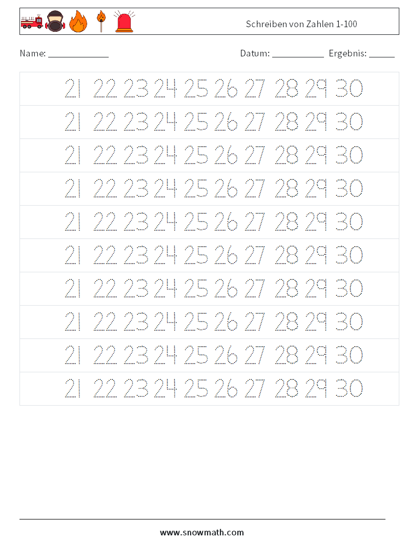 Schreiben von Zahlen 1-100 Mathe-Arbeitsblätter 25