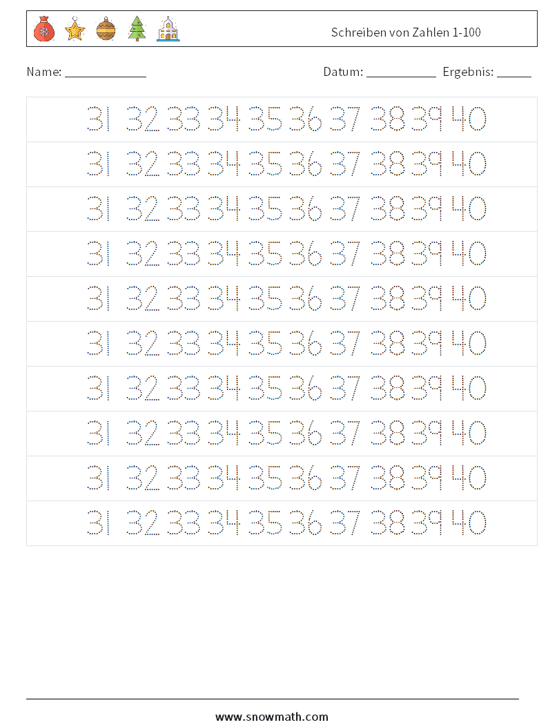 Schreiben von Zahlen 1-100 Mathe-Arbeitsblätter 27