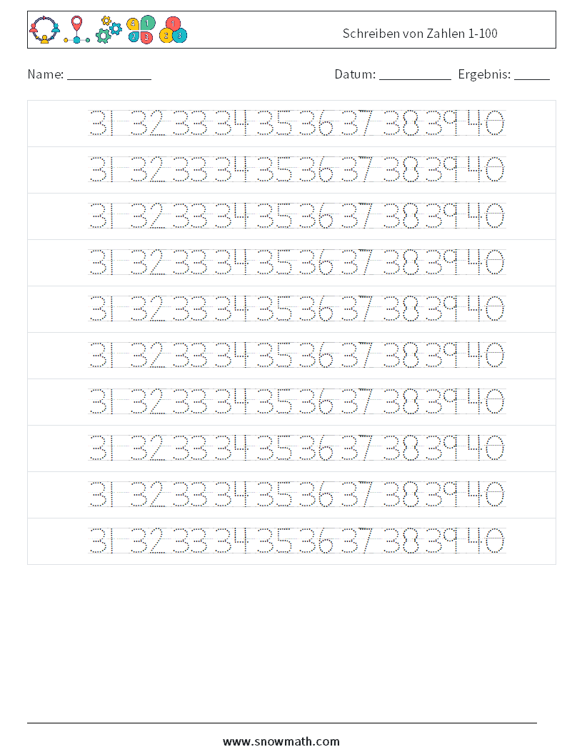 Schreiben von Zahlen 1-100 Mathe-Arbeitsblätter 28