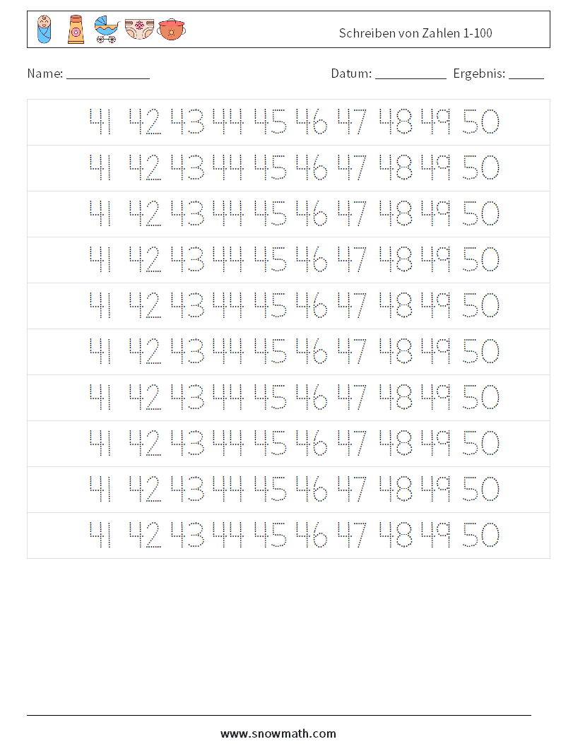 Schreiben von Zahlen 1-100 Mathe-Arbeitsblätter 29