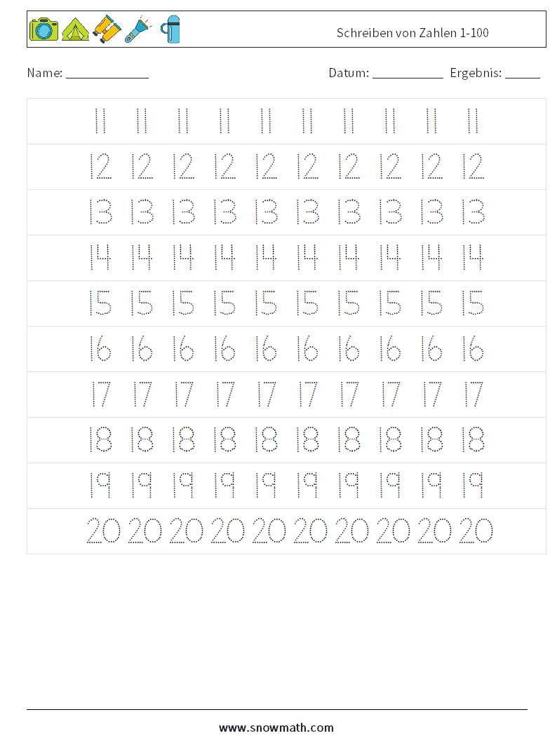 Schreiben von Zahlen 1-100 Mathe-Arbeitsblätter 3