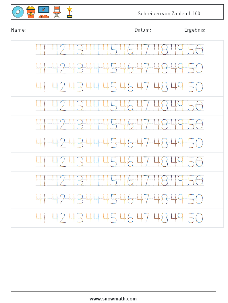 Schreiben von Zahlen 1-100 Mathe-Arbeitsblätter 30