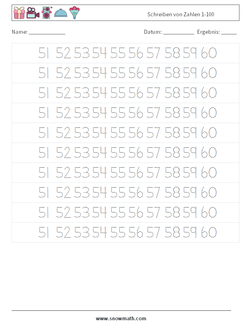 Schreiben von Zahlen 1-100 Mathe-Arbeitsblätter 31