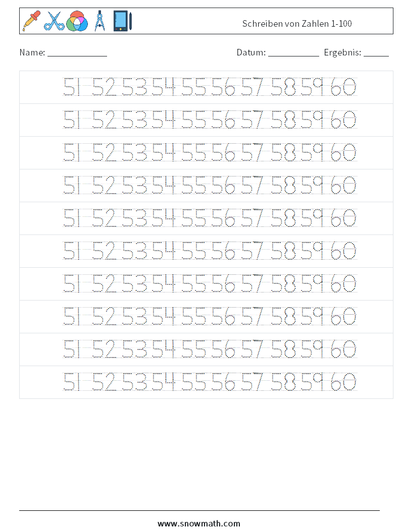 Schreiben von Zahlen 1-100 Mathe-Arbeitsblätter 32