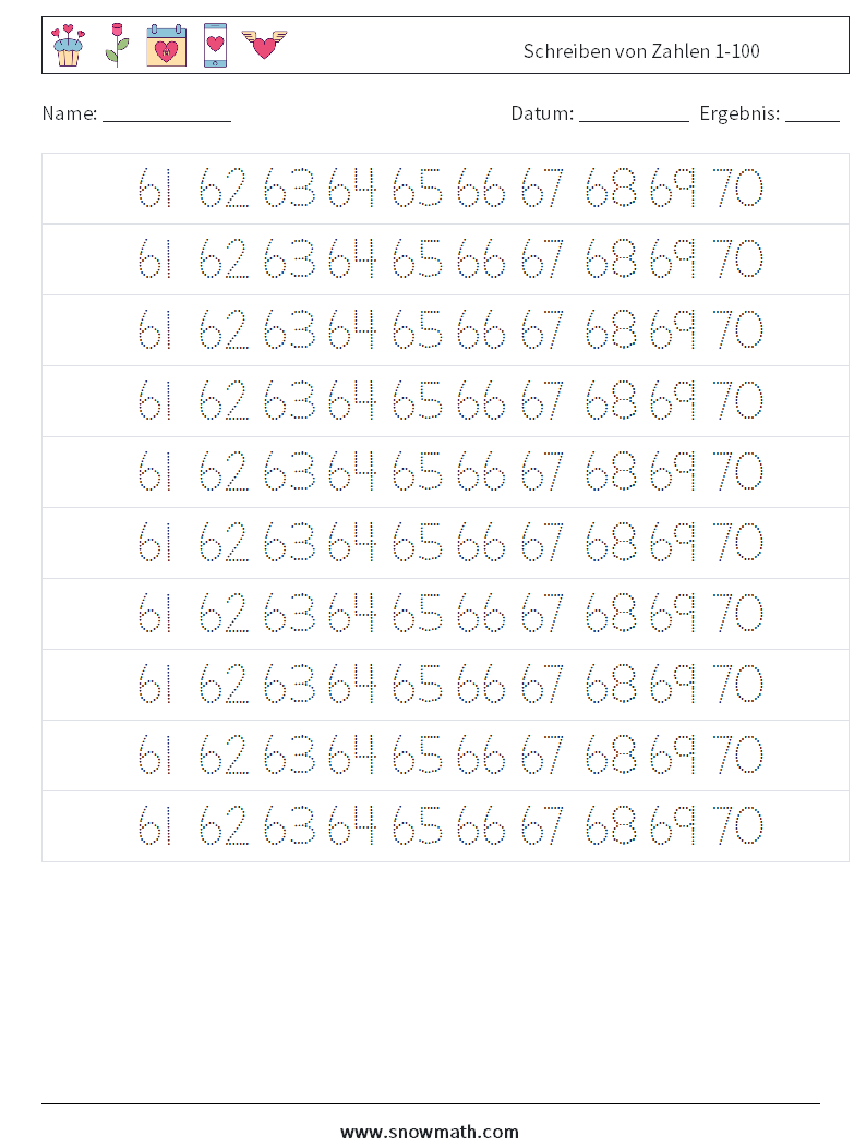 Schreiben von Zahlen 1-100 Mathe-Arbeitsblätter 33