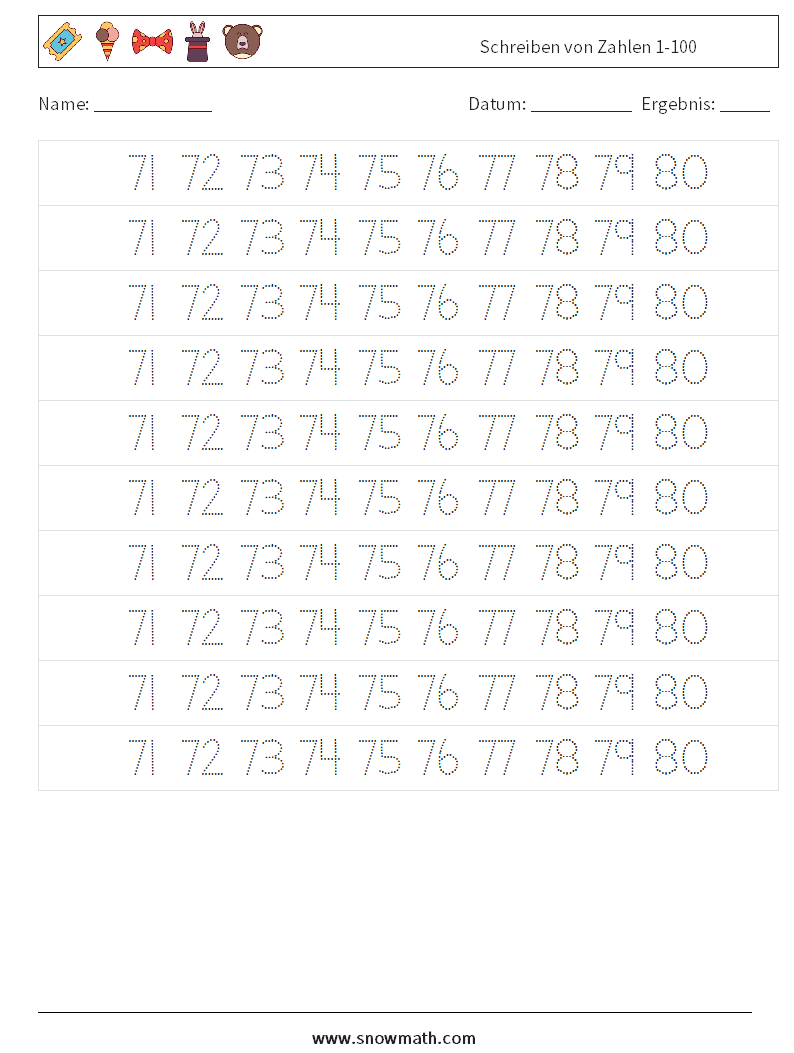 Schreiben von Zahlen 1-100 Mathe-Arbeitsblätter 35