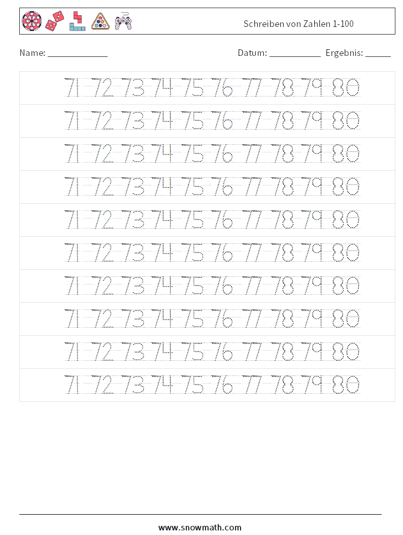 Schreiben von Zahlen 1-100 Mathe-Arbeitsblätter 36