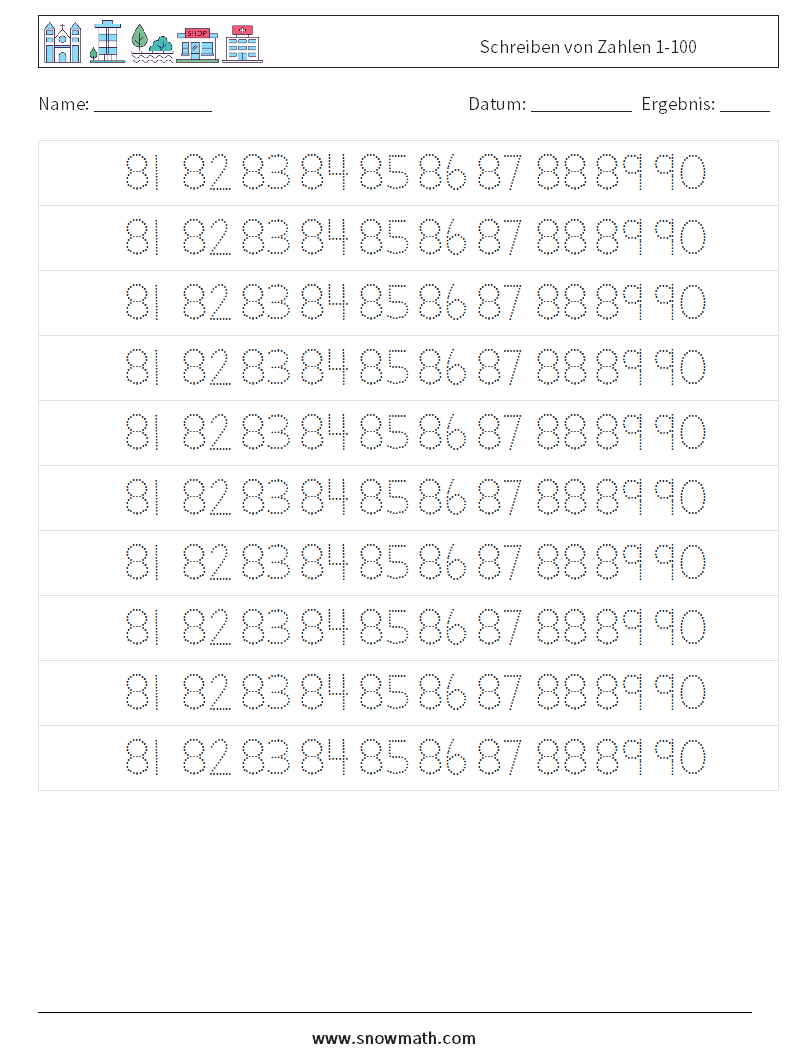 Schreiben von Zahlen 1-100 Mathe-Arbeitsblätter 37