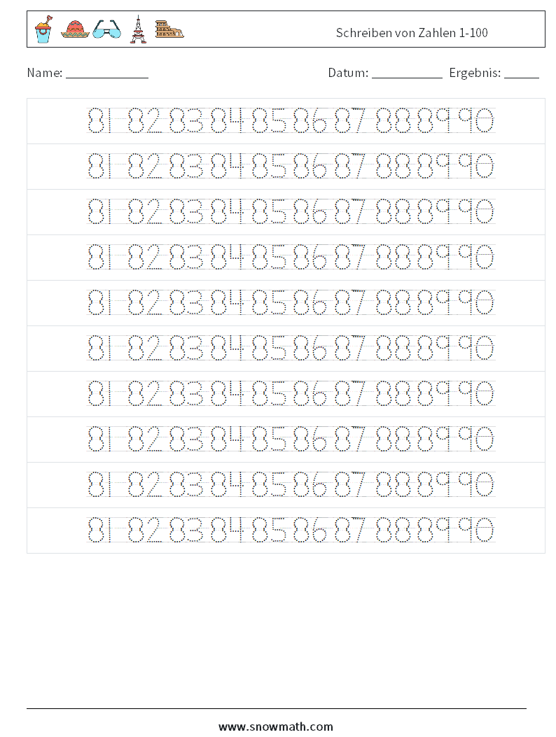 Schreiben von Zahlen 1-100 Mathe-Arbeitsblätter 38